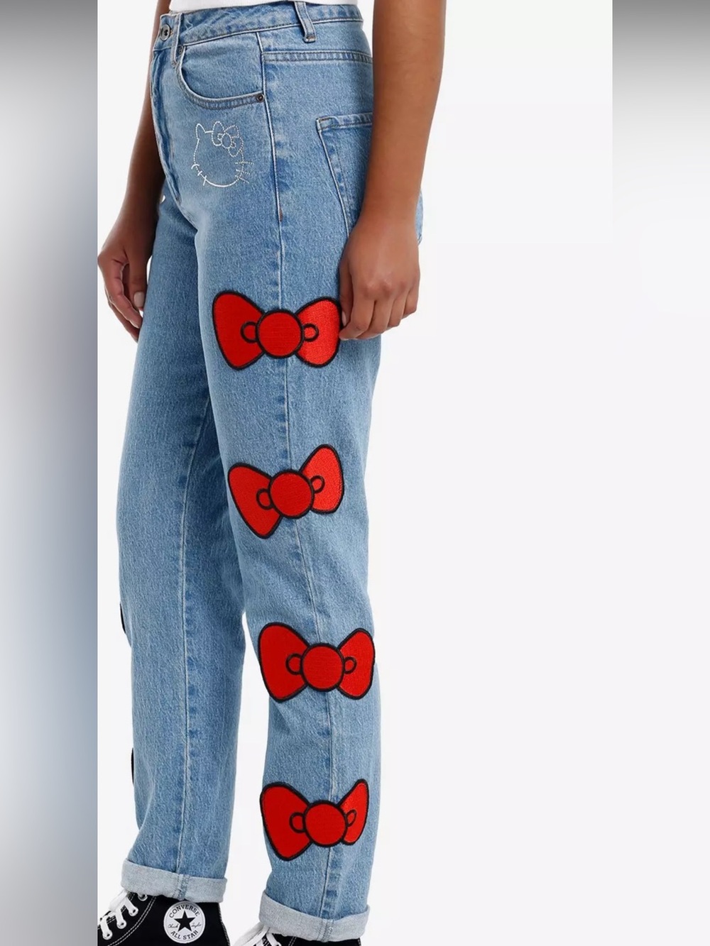 Hello Kitty Light Wash Blue Denim Jean Red Bow Patch accent NEW hot topic rare